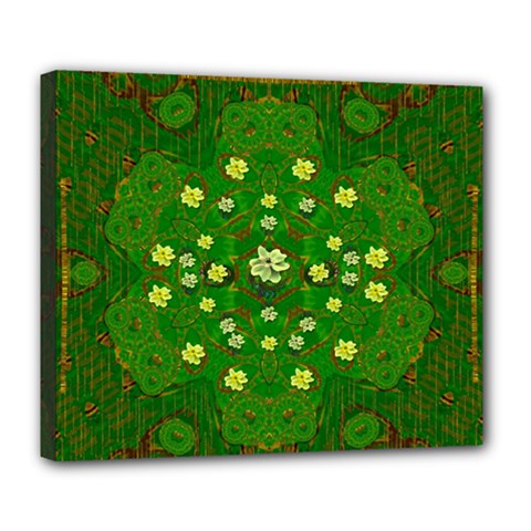 Lotus Bloom In Gold And A Green Peaceful Surrounding Environment Deluxe Canvas 24  X 20  (stretched) by pepitasart