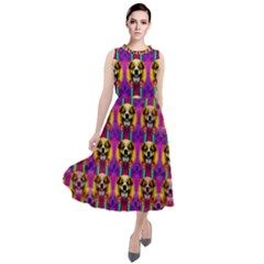 Cute Small Dogs With Colorful Flowers Round Neck Boho Dress by pepitasart