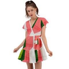 Green Pink Interior Paint Flutter Sleeve Wrap Dress by artworkshop