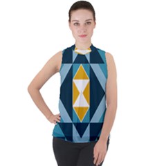 Abstract Pattern T- Shirt Hourglass Pattern  Sunburst Tones Abstract  Blue And Gold  Soft Furnishing Mock Neck Chiffon Sleeveless Top by maxcute