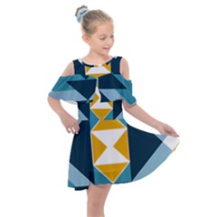 Abstract Pattern T- Shirt Hourglass Pattern  Sunburst Tones Abstract  Blue And Gold  Soft Furnishing Kids  Shoulder Cutout Chiffon Dress by maxcute