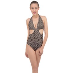 Brown Leopard Pattern Halter Front Plunge Swimsuit by DinkovaArt