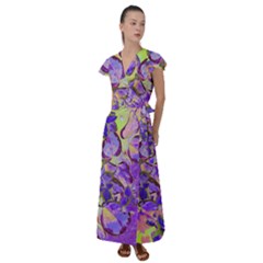 Purple Leaves Flutter Sleeve Maxi Dress by DinkovaArt