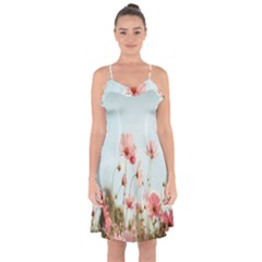 Cosmos Flower Blossom In Garden Ruffle Detail Chiffon Dress by artworkshop