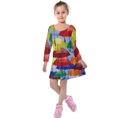 Umbrellas Colourful Kids  Long Sleeve Velvet Dress by artworkshop