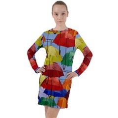 Umbrellas Colourful Long Sleeve Hoodie Dress by artworkshop