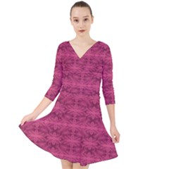 Elegant Pink Floral Geometric Pattern Quarter Sleeve Front Wrap Dress by dflcprintsclothing