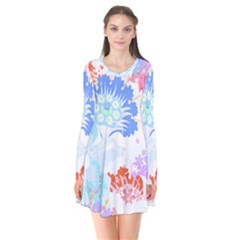 Flowers Illustration T- Shirt Sunshine Blossoms Long Sleeve V-neck Flare Dress by maxcute