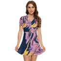 Pink Black And Yellow Abstract Painting V-Neck High Waist Chiffon Mini Dress View1