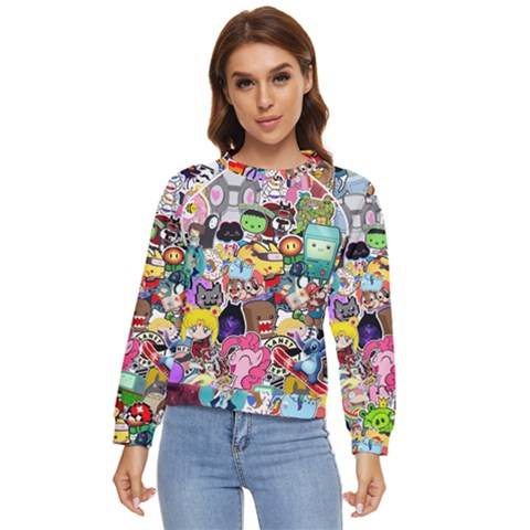 Assorted Cartoon Characters Doodle  Style Heroes Women s Long Sleeve Raglan Tee by Jancukart