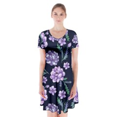 Elegant Purple Pink Peonies In Dark Blue Background Short Sleeve V-neck Flare Dress by augustinet