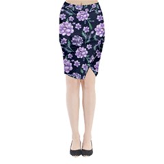 Elegant Purple Pink Peonies In Dark Blue Background Midi Wrap Pencil Skirt by augustinet