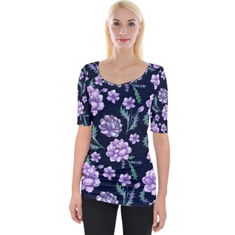 Elegant Purple Pink Peonies In Dark Blue Background Wide Neckline Tee by augustinet