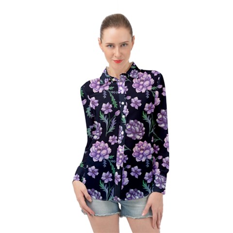 Elegant Purple Pink Peonies In Dark Blue Background Long Sleeve Chiffon Shirt by augustinet