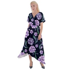 Elegant Purple Pink Peonies In Dark Blue Background Cross Front Sharkbite Hem Maxi Dress by augustinet