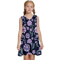 Elegant Purple Pink Peonies In Dark Blue Background Kids  Sleeveless Tiered Mini Dress by augustinet