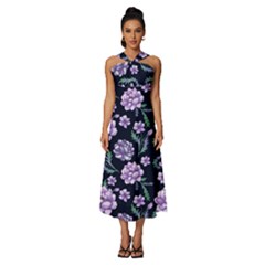 Elegant Purple Pink Peonies In Dark Blue Background Sleeveless Cross Front Cocktail Midi Chiffon Dress by augustinet