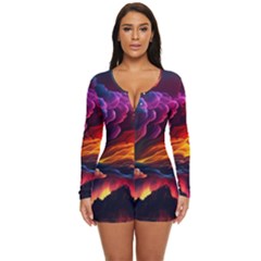 Ocean Sea Wave Clouds Mountain Colorful Sky Art Long Sleeve Boyleg Swimsuit by Pakemis