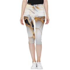 Marble Stone Abstract Gold White Color Colorful Inside Out Lightweight Velour Capri Leggings  by Pakemis