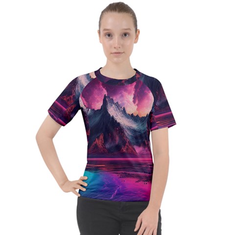 Ai Generated Mountain Ocean Lava Fire Sky Sea Women s Sport Raglan Tee by Pakemis