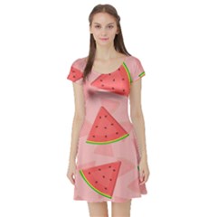 Background Watermelon Pattern Fruit Food Sweet Short Sleeve Skater Dress by Jancukart