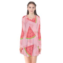 Background Watermelon Pattern Fruit Food Sweet Long Sleeve V-neck Flare Dress by Jancukart