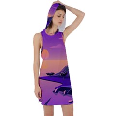 Sunset Sea Ocean Purple Pink Flowers Stone Racer Back Hoodie Dress by Jancukart