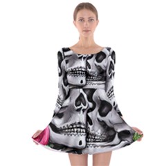 Black Skulls Red Roses Long Sleeve Skater Dress by GardenOfOphir