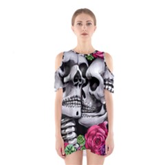 Black Skulls Red Roses Shoulder Cutout One Piece Dress by GardenOfOphir