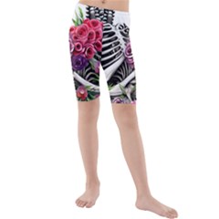 Gothic Floral Skeletons Kids  Mid Length Swim Shorts by GardenOfOphir