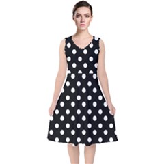 Black And White Polka Dots V-neck Midi Sleeveless Dress  by GardenOfOphir