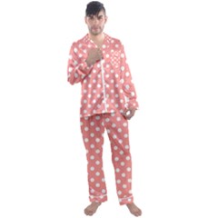 Coral And White Polka Dots Men s Long Sleeve Satin Pajamas Set by GardenOfOphir