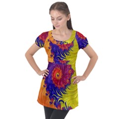 Fractal Spiral Bright Colors Puff Sleeve Tunic Top by Ravend