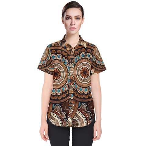 Bohemian Flair In Blue And Earthtones Women s Short Sleeve Shirt by HWDesign