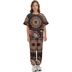 Bohemian Flair In Blue And Earthtones Kids  Tee And Pants Sports Set by HWDesign