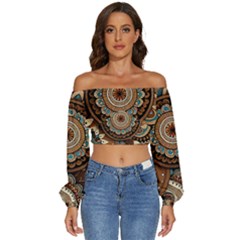 Bohemian Flair In Blue And Earthtones Long Sleeve Crinkled Weave Crop Top by HWDesign