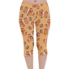 Fish Clownfish Orange Background Velvet Capri Leggings  by Ravend