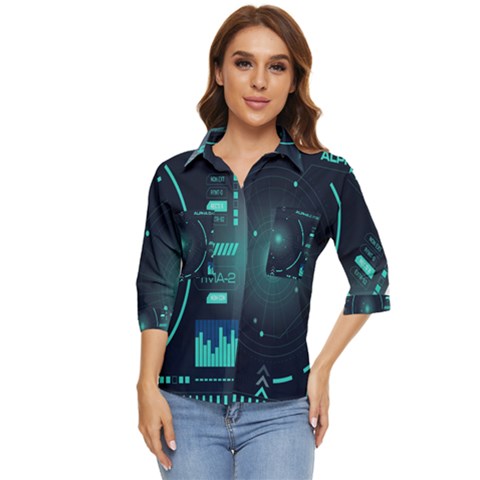 Sci Fi Computer Screen Women s Quarter Sleeve Pocket Shirt by Uceng