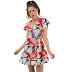 Valentines Day Heart Watercolor Background Flutter Sleeve Wrap Dress by artworkshop