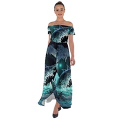 Sculpture Dinosaur Shark Frozen Winter Fantasy Off Shoulder Open Front Chiffon Dress by Ravend