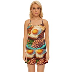 Ai Generated Breakfast Egg Beans Toast Plate Satin Pajama Short Set by danenraven