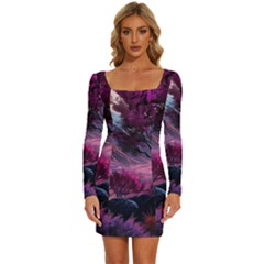 Landscape Landscape Painting Purple Purple Trees Long Sleeve Square Neck Bodycon Velvet Dress by danenraven