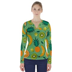 Fruit Tropical Pattern Design Art Pattern V-neck Long Sleeve Top by Ravend