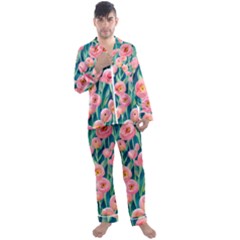 Blush Watercolor Flowers Men s Long Sleeve Satin Pajamas Set by GardenOfOphir