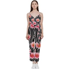 Botanical Black Pink Flowers Pattern V-neck Spaghetti Strap Tie Front Jumpsuit by GardenOfOphir