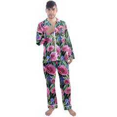 Attention-getting Watercolor Flowers Men s Long Sleeve Satin Pajamas Set by GardenOfOphir