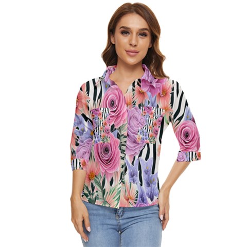 Delightful Watercolor Flowers And Foliage Women s Quarter Sleeve Pocket Shirt by GardenOfOphir