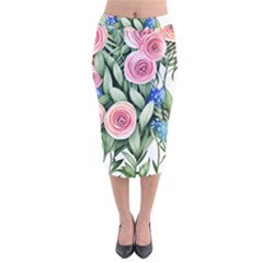 County Charm – Watercolor Flowers Botanical Velvet Midi Pencil Skirt by GardenOfOphir