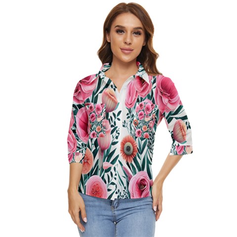 Cheerful Watercolors – Flowers Botanical Women s Quarter Sleeve Pocket Shirt by GardenOfOphir