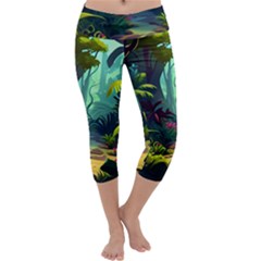 Rainforest Jungle Cartoon Animation Background Capri Yoga Leggings by Ravend